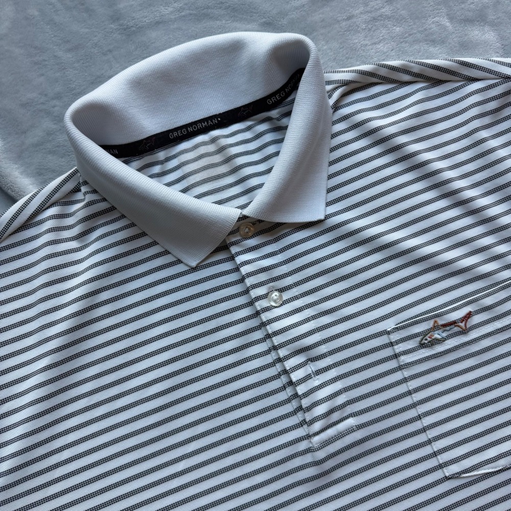 Greg Norman Polo Shirt Mens XL White Grey Striped Golf Pocket Shark Logo